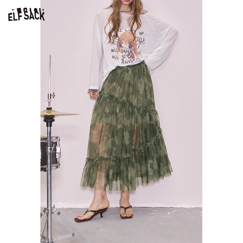 ELFSACK 2025 Summer New Arrival Sweet Cool Design Long Skirt Camouflage Full Print Mesh Bustier Skirt For Woman