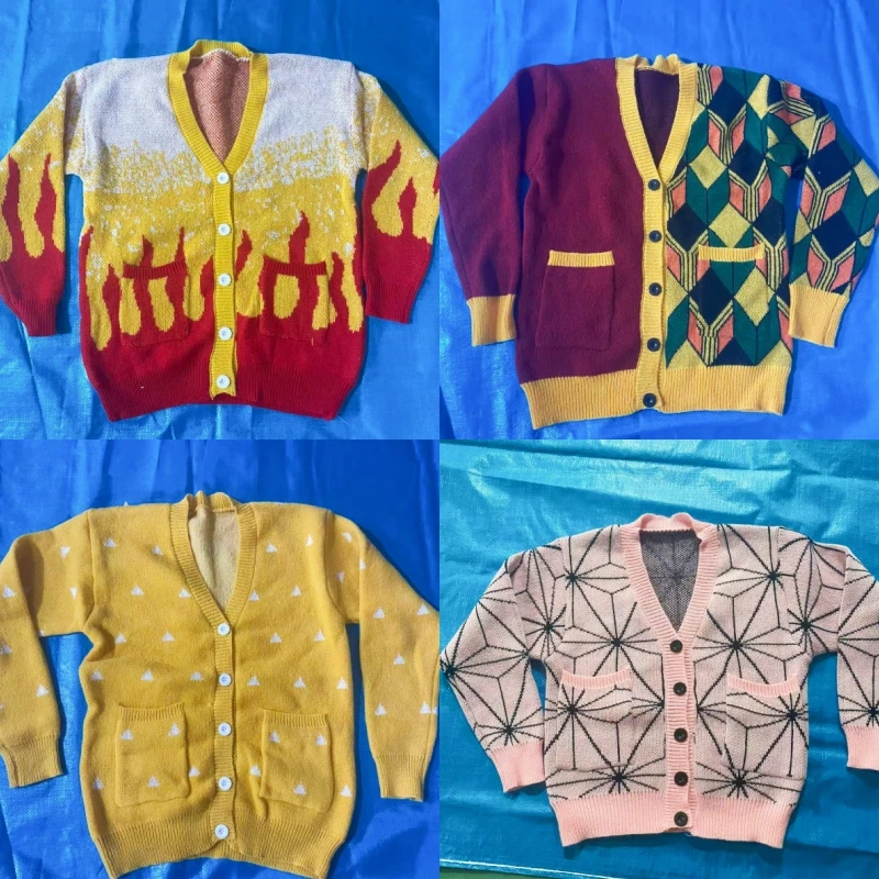 

Demon Slayer Anime Kamado Tanjirou Cosplay Costume Unisex Knitted Sweater Warm Cardigan V Neck Sweater Halloween Jacket Costume