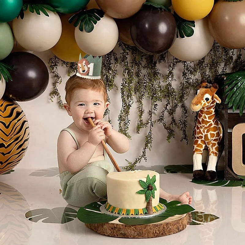 Couronne d'anniversaire pour enfants de 1 an, vert avocat, blanc, non tissé, safari, première fête de bébé