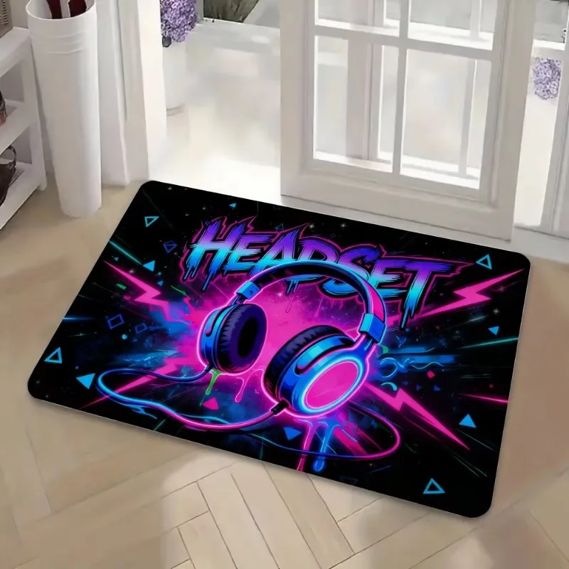 VIKAMA Gaming Area Rug Neon Headset Pattern E‑Sports Carpet Soft Floor Mat for Gamer Room Bedroom Study Room Home Decor