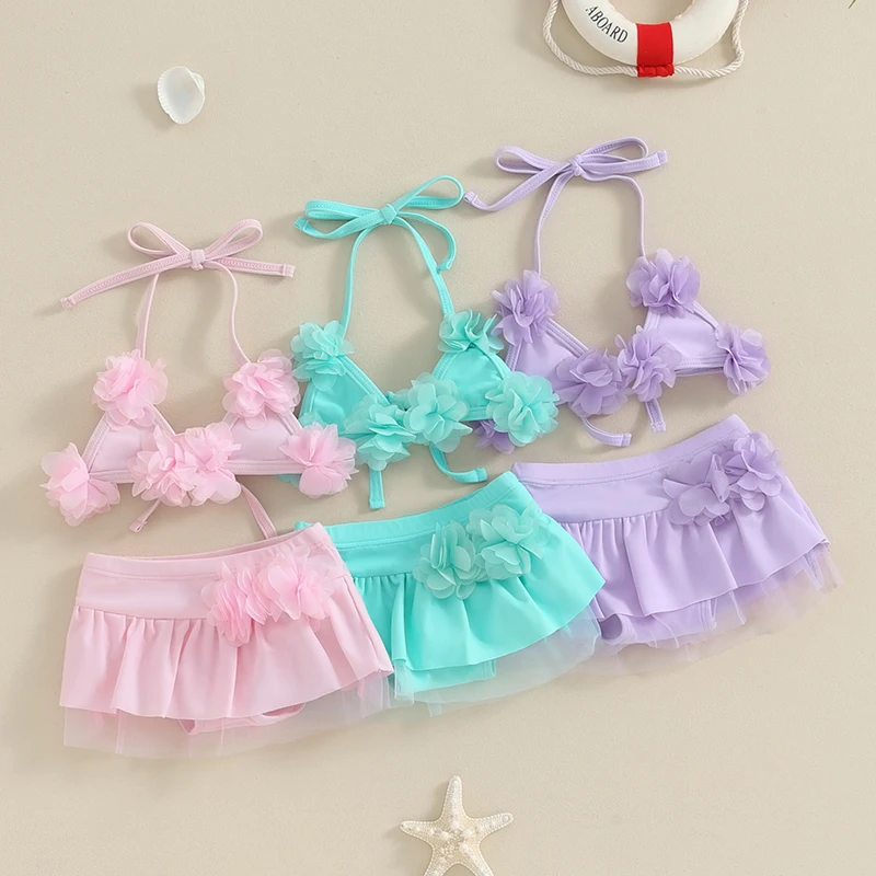 

Baby Girl Swimsuit 2Pcs Bikini Set, Halter Neck 3D Flower Tie Up Tops + Elastic Waist Shorts Sheer Mesh Swimwear Bathing Suit