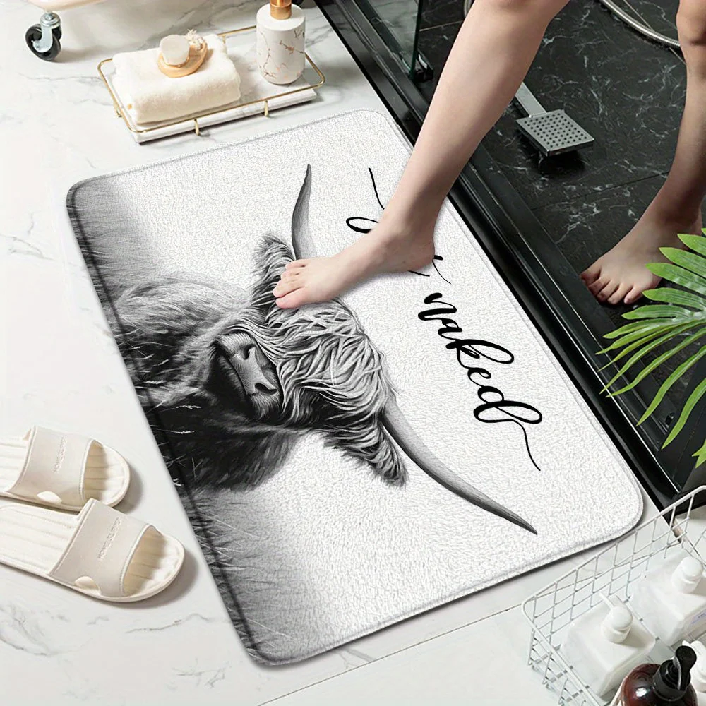 Highland Cow Bath Mat - Non-Slip Soft Polyester Flannel Surface, Quick Dry Shower Rug for Bathroom Decor, Funny Scottish Cow