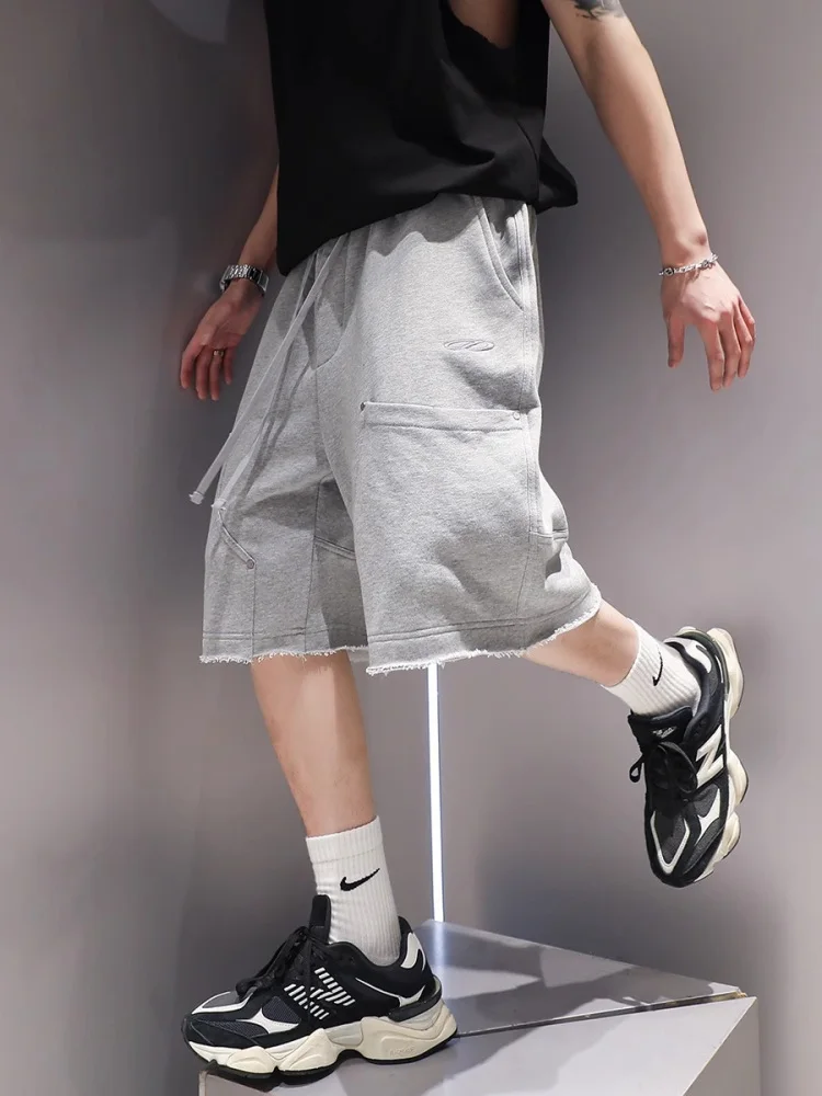 

Ripped ket Workwear orts Men's Summer American Trendy Brand Heavy Sport Loose Large Size Five-Quarter Cotton Casual Pants