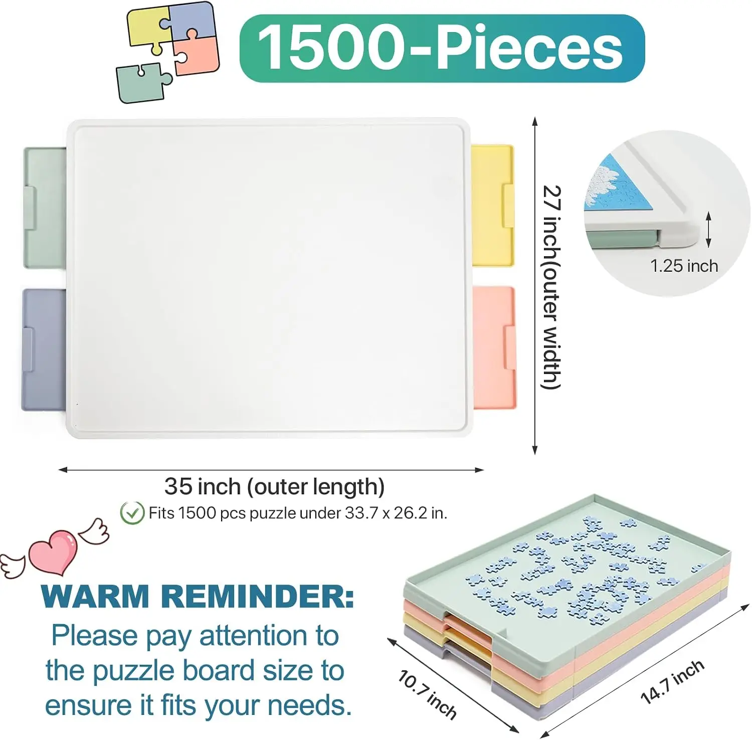 1500 Piece Rotating Plastic Puzzle Board with Drawers & Cover, 35