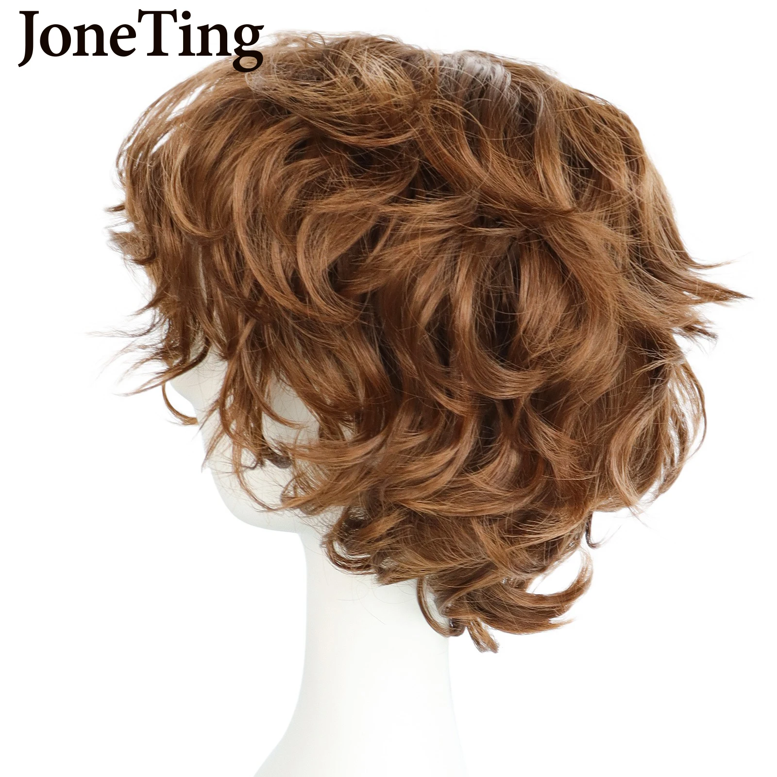 JT Synthetic Brown Men\'s Short Wavy Wigs with Bangs Orange Curly Heat Resistant Fiber Cosplay Wig Machine Made Halloween Party