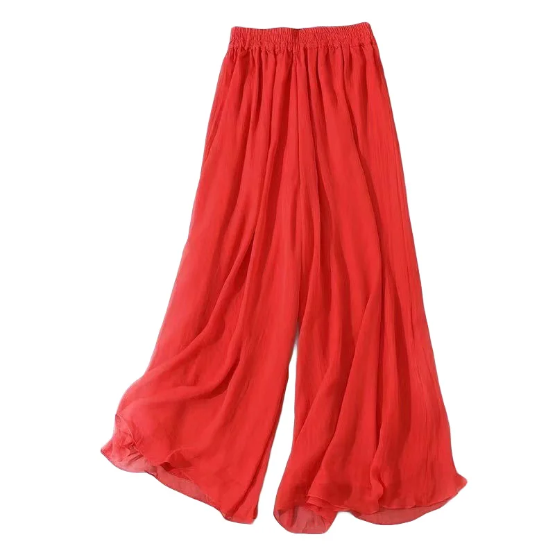 Fashion Woman Casual Chiffon Wide Leg Pants Chinese Classical Dance Clothing Female Elegant Trousers Elastic Waist Ethnic Pants