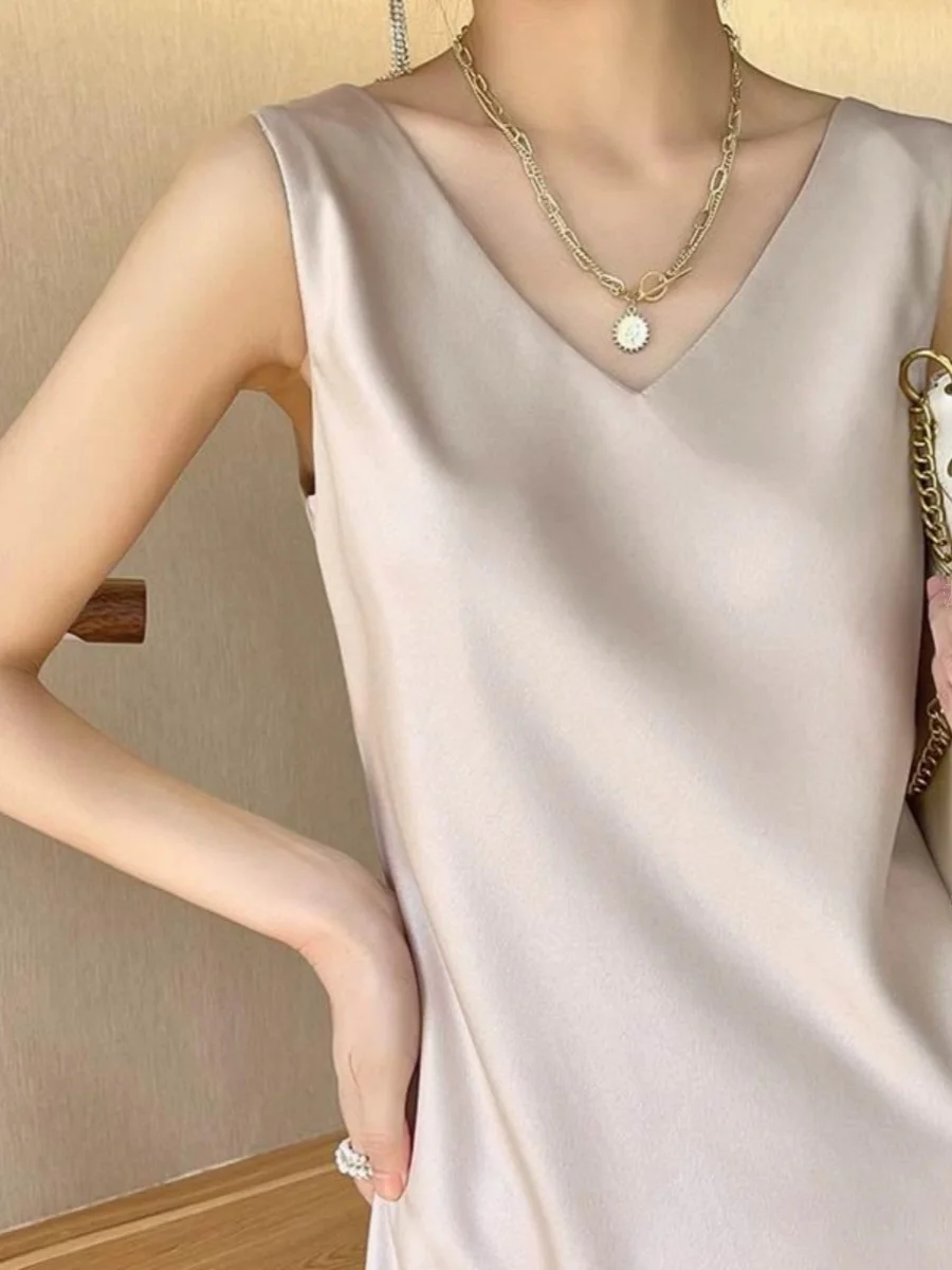 Sukienka midi z satyny Ele Satin, damska, elegancka, z dekoltem w serek, spódnica w kształcie litery A, jednoczęściowa, letnia, modna, do pracy, prosta, długa.