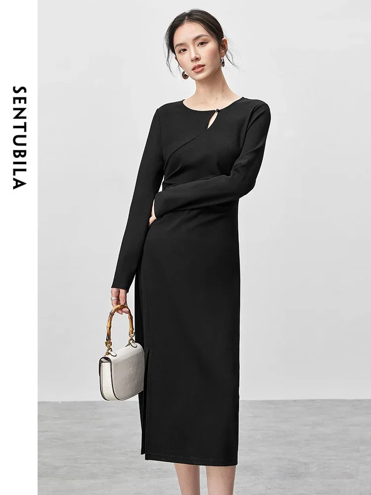 

SENTUBILA Hollow Out Knitted Dresses for Women 2024 Autumn Slim Fit O Neck Folds Retract Waist Slit-hem Black Dress 143L55917