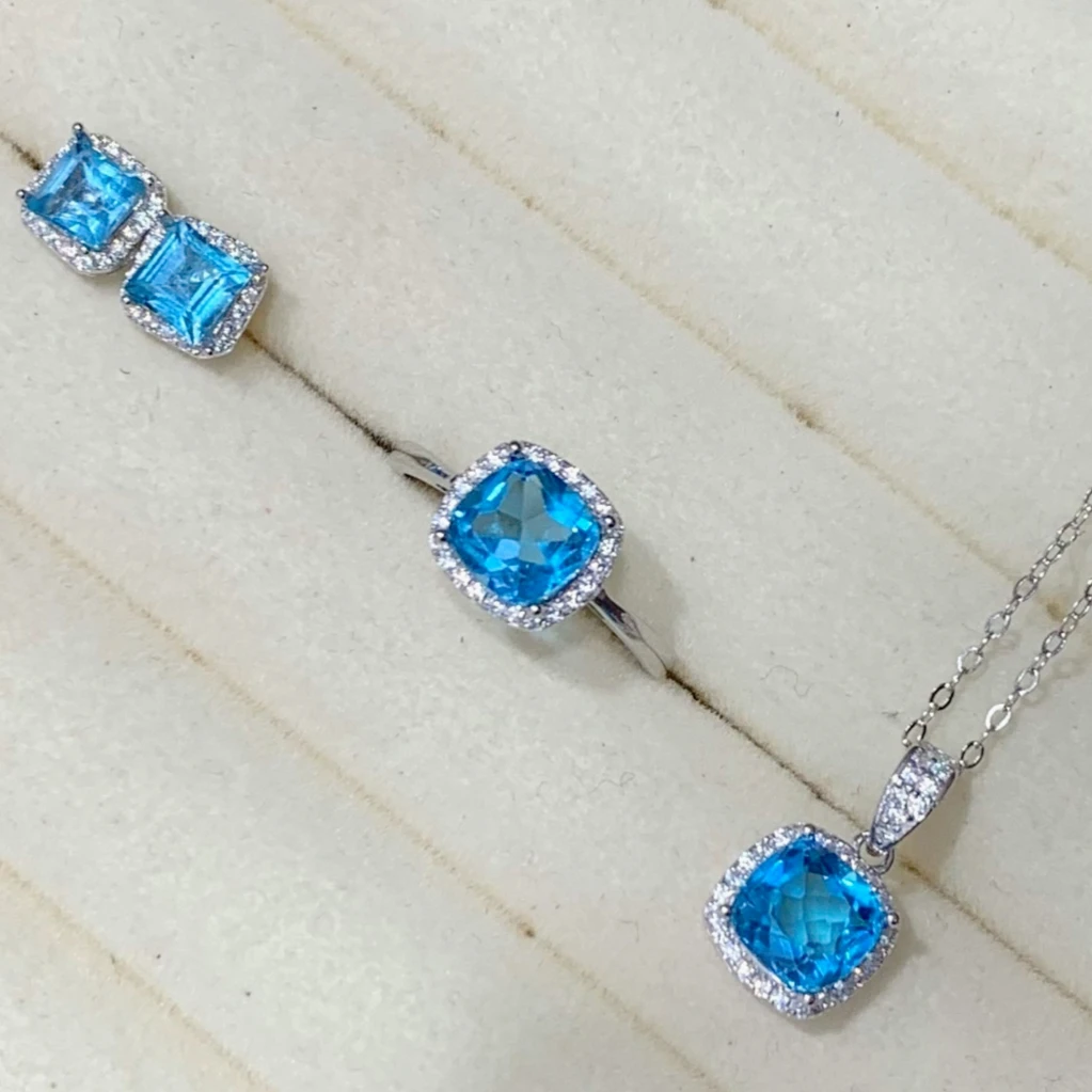 925 Silver Natural Topaz Jewelry Set with Certificate 5mm and 7mm Genuine Topaz Ring Earrings and Necklace Pendant for Women