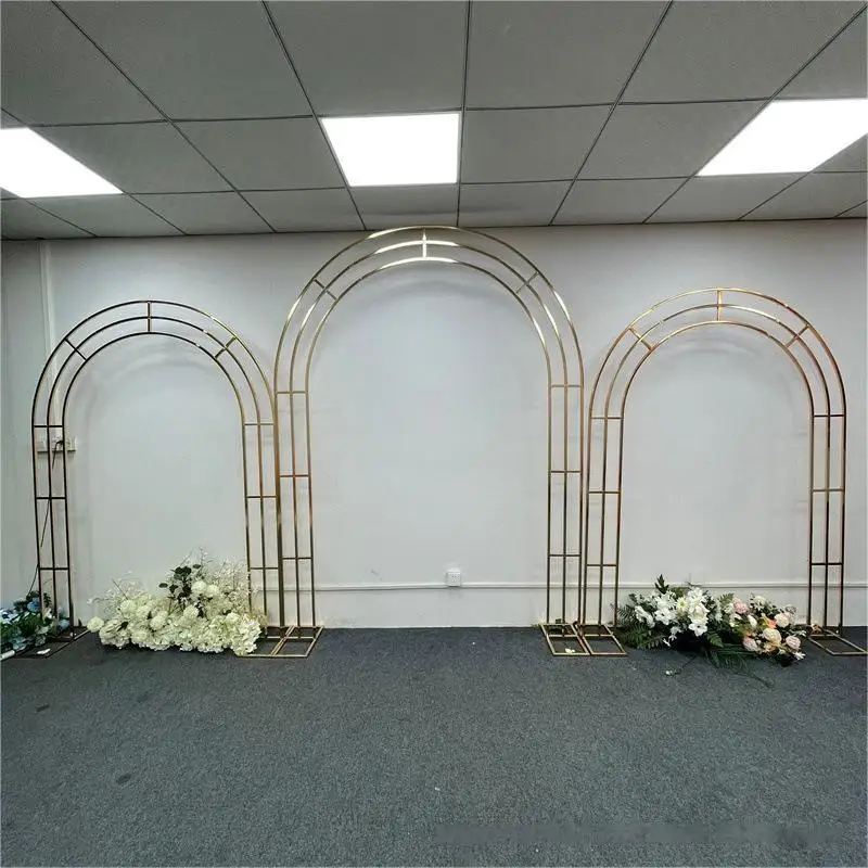 1pcs/3pcsShiny arch Gilded Shelf Wrought Iron Screen Arches Frame Wedding Backdrop Decor Props Geometry Artificial Flower Stand