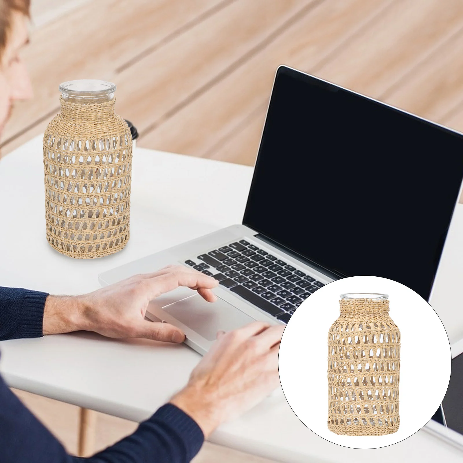 

1pc Rattan Glass Vase Decorative Holder Creative Desktop Decor Dried Flower Container Home Office Decoration Simple Flower Vase
