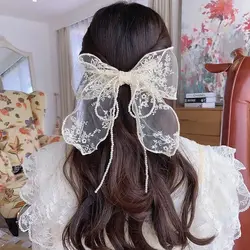 1pc Korean lace pearl bow hair clip with a super fairy and sweet girl embroidery hair headband
