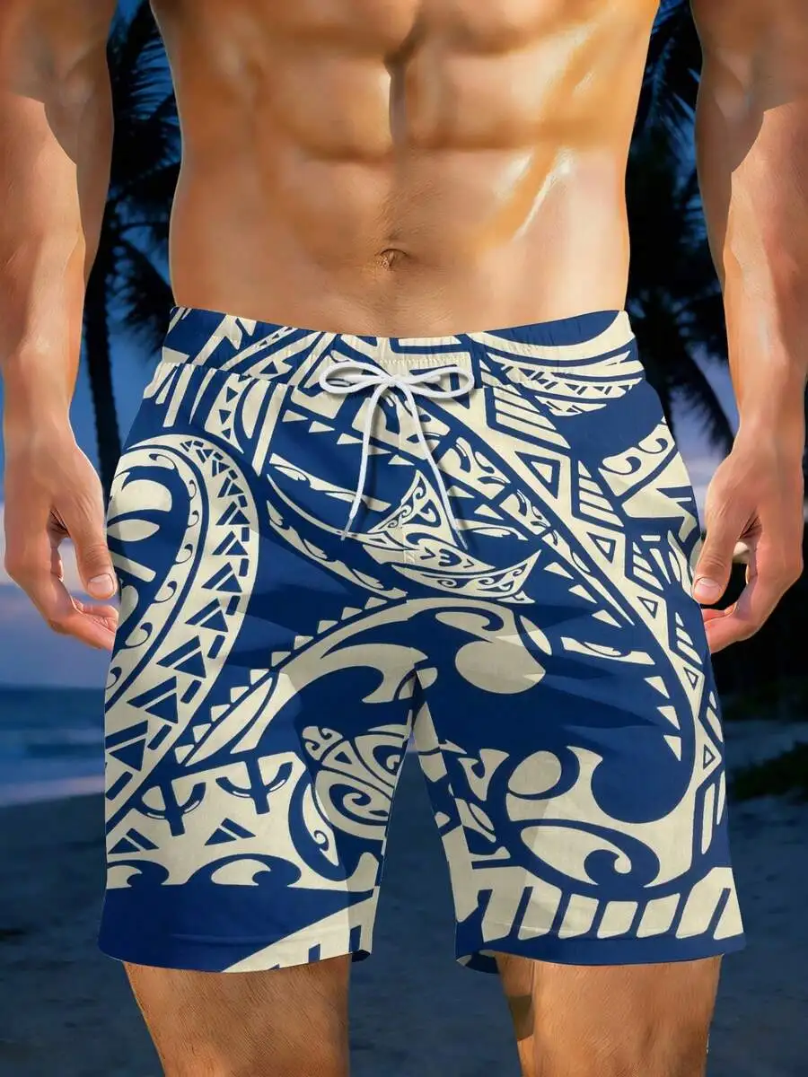 

Mens Blue And Cream Polynesian Tribal Print Swim Trunks Quick Dry Beachwear For Summer Vacation
