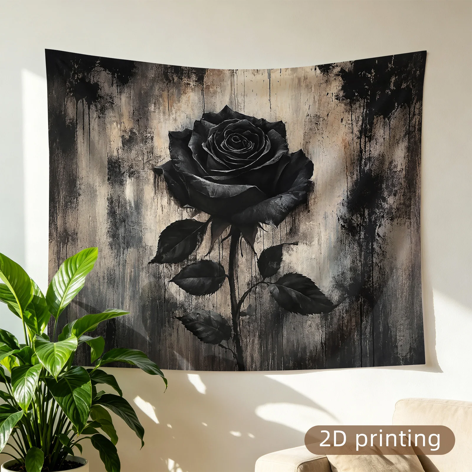 Black Rose Tapestry, Gothic Flower Wall Hanging, Dark Vintage Aesthetic Decor, Grunge Texture Art, Moody Bedroom Backdrop