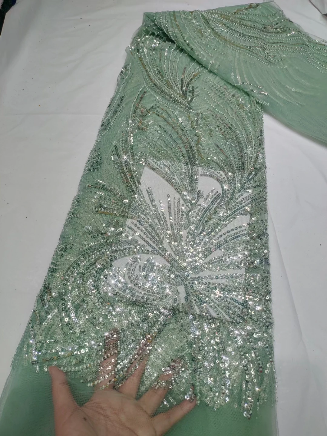 

High-End Handmade Beaded Lace Fabric Green Embroidery French Lace Wedding Dress Embroidered Aqua Tulle Fabric