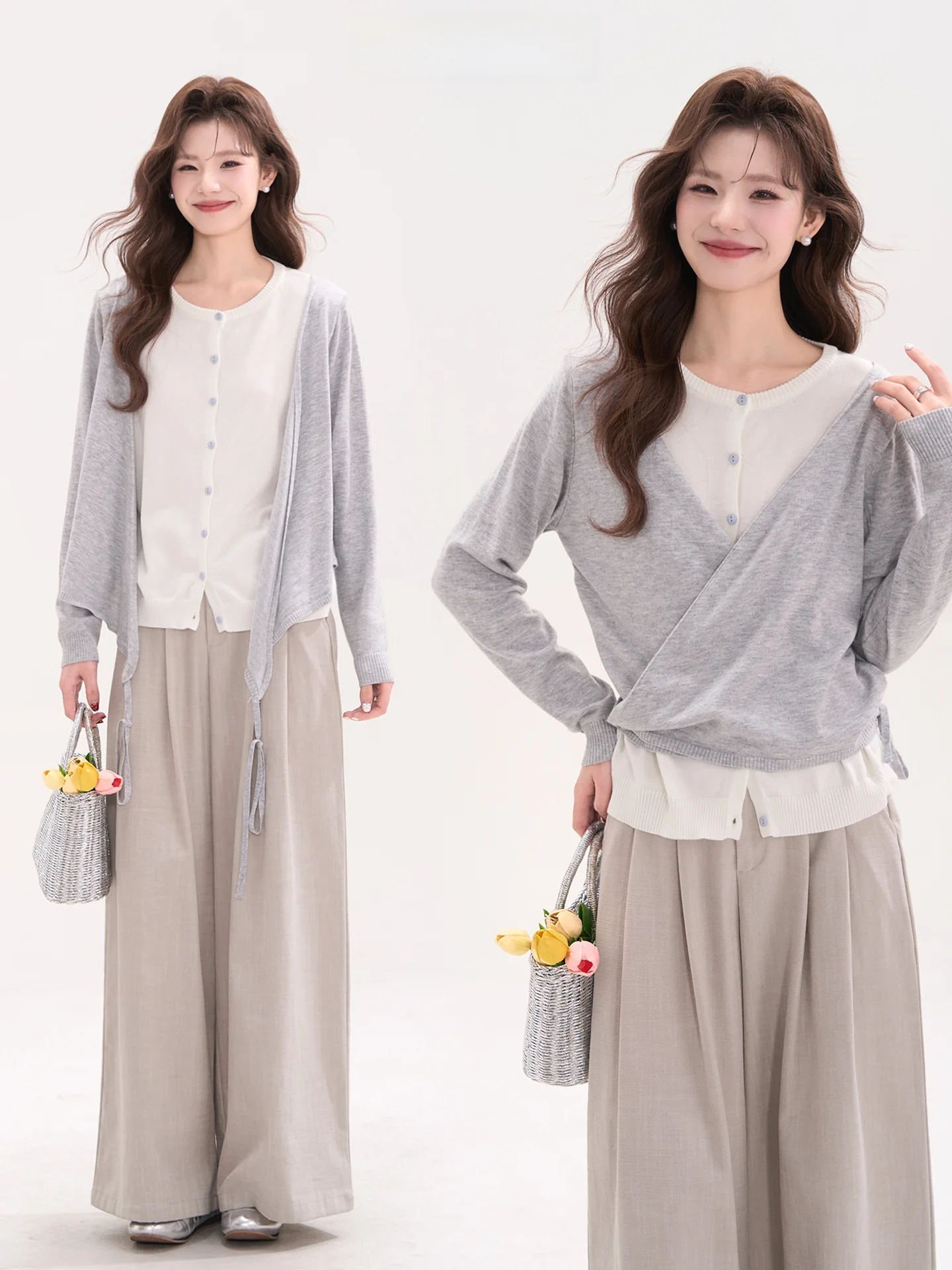 

Heme 6 Wool Blend Knitwear Casual Long Sve Women's Faion Spring 2026 Cross Design Fake Two-Piece Sle Soft Polyester Blend