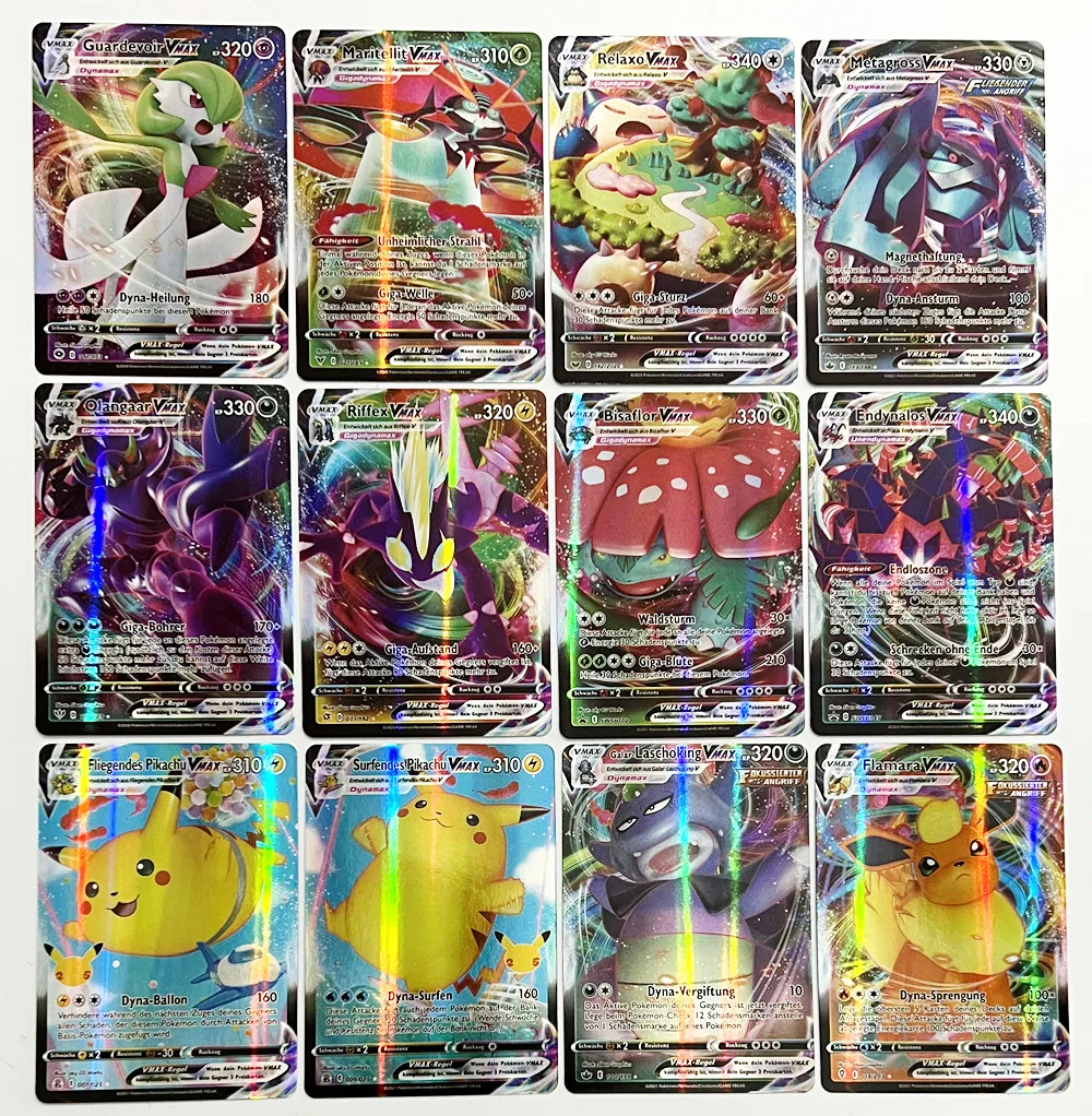 Cartas de Pokémon de 20 piezas, Colección rara de Pikachu, entrenador de batalla, regalo para niños, Vmax GX alemán