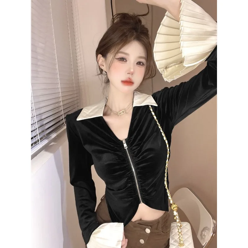

French Velvet Shirt Irregular V-neck High-end Jacket Unique and Unique Zipper Cardigan for Women