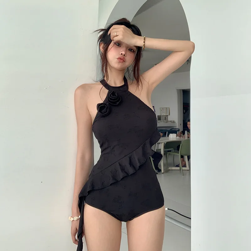 Summer Swimwear Women Bath Outlet Set Swimsuit Female 2025 Bikini Black One Piece Slim Fit And Sexy Backless Hanging Neck Ins