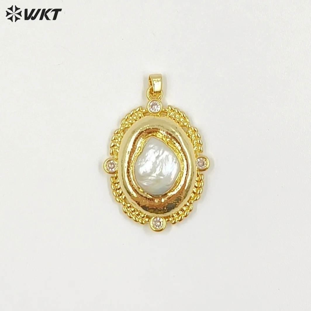 WT-JP455 Simple Design Back Full Gold Electroplated Natural Freshwater Pearl Round Pendants For Boutique Necklace Making