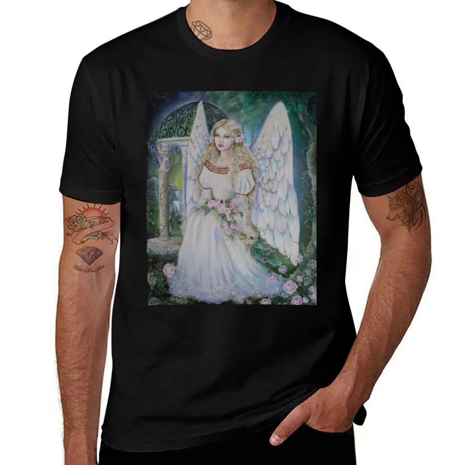 

Angel in secret garden plain background T-Shirt man t shirts high quality luxury brand T-Shirt