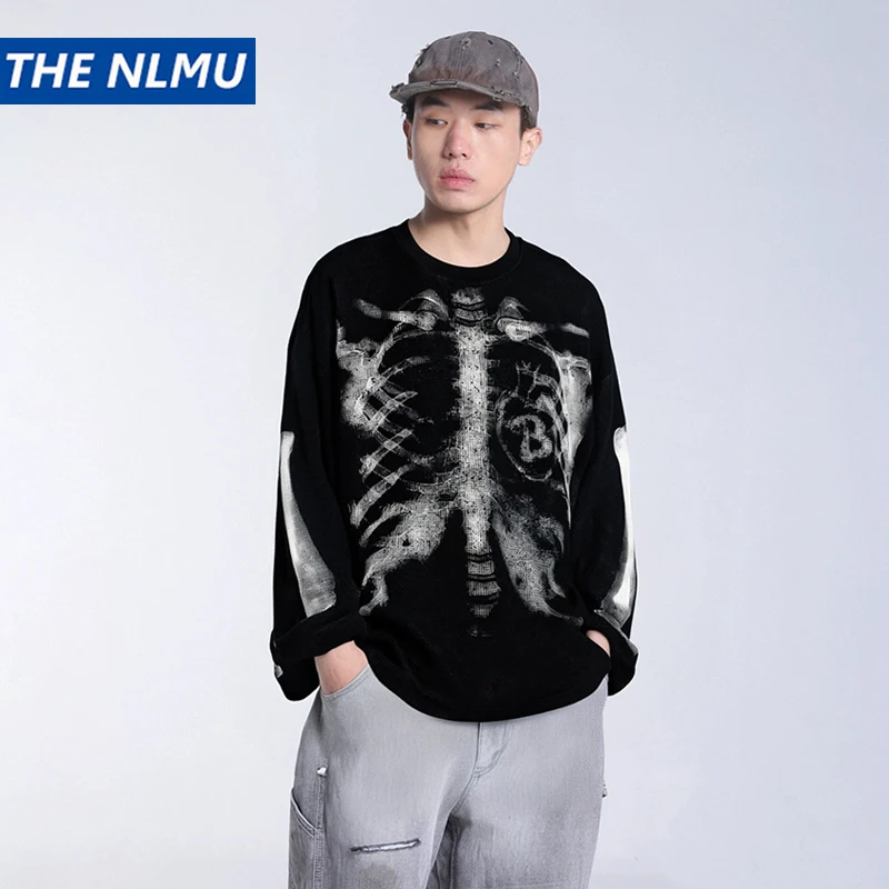 Unisex Vintage Waffle Long Sleeve T-Shirt Skeleton Print Streetwear Loose Fit Oversized Top