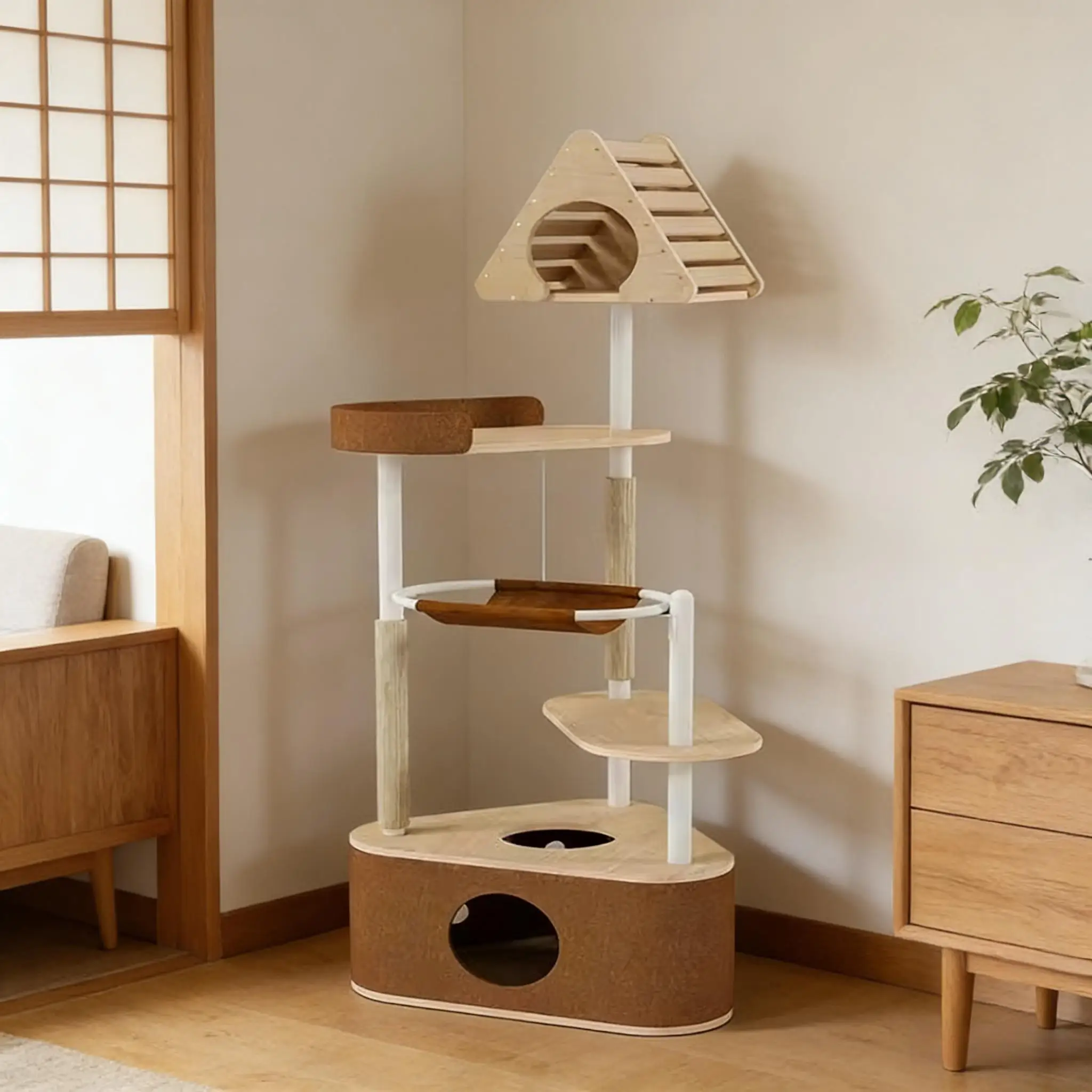 4-Level Interactive Cat Climber Tempered Glass Panels Rubber Wood Frame Modern Durable Eco-Friendly Christmas Cat Furniture