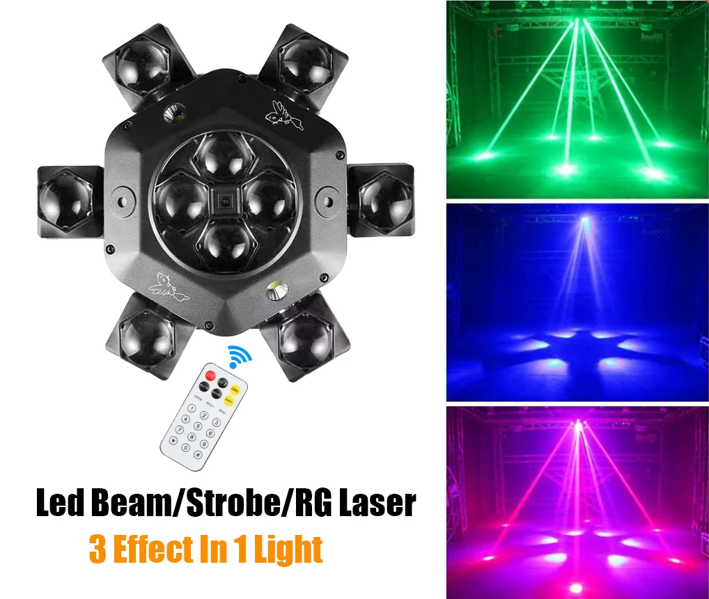 

Update Remote 10Pcs Bee Eye Led Beam Moving Head With Red/Green Laser Led Strobe Unlimited Rotate Flower Party Disco KTV Club