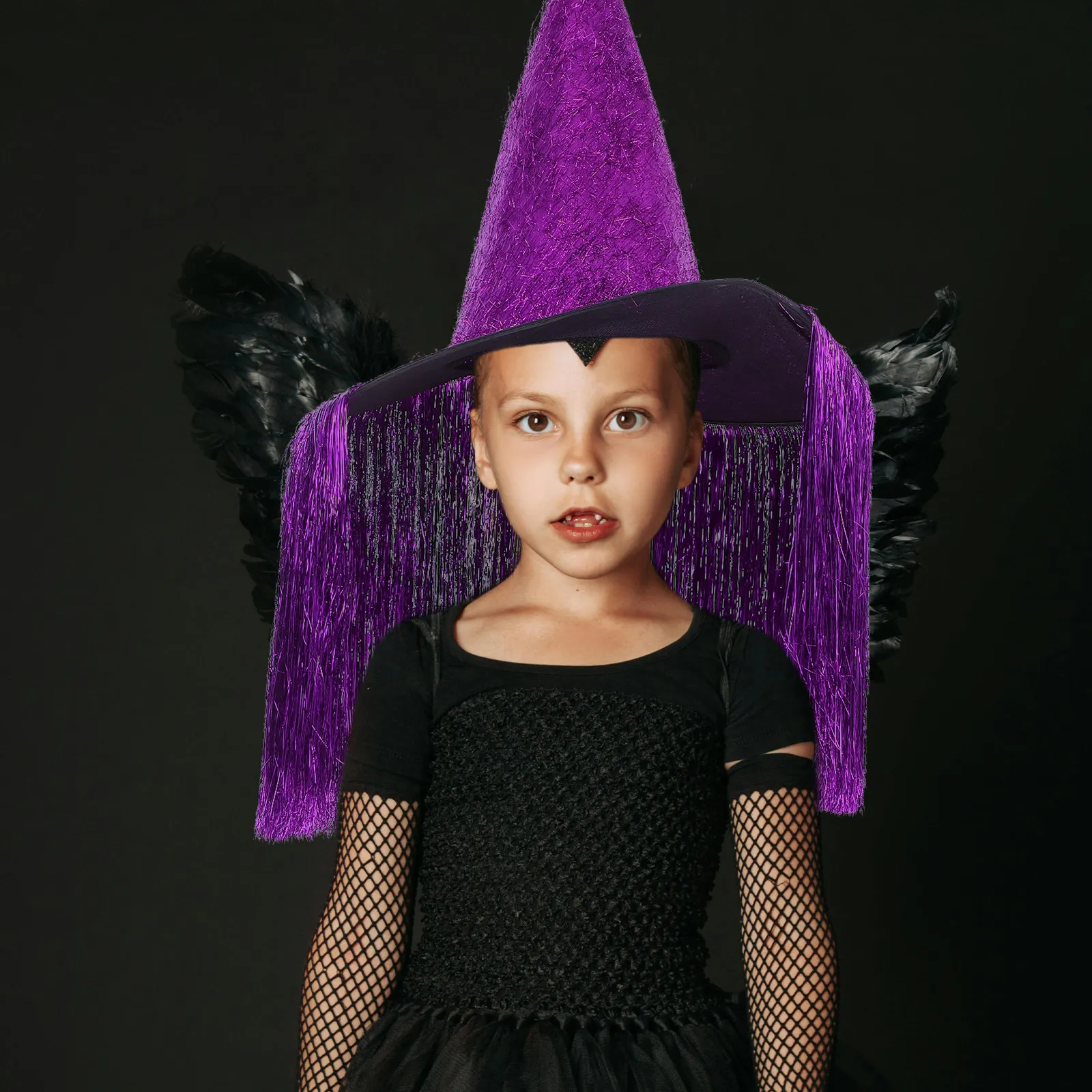 Sombrero de bruja para niños con borlas moradas, tela Oxford, ligero y cómodo, accesorio para fiesta de Halloween, sombrero de cosplay con tema de cumpleaños