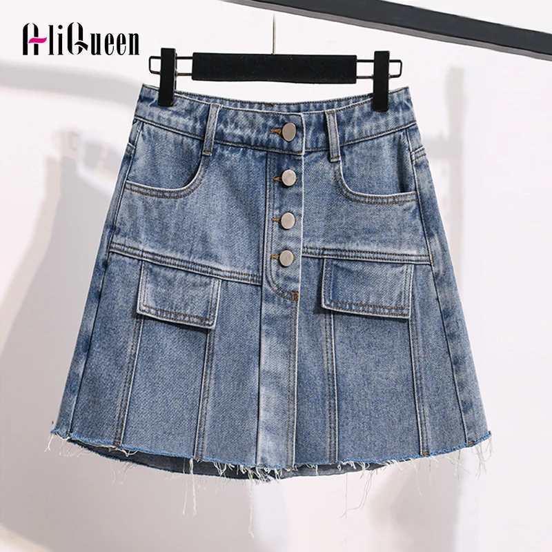 

Summer Streetwear Vintage Raw Edge Buttons Jean Y2k Shorts Skirts for Women Casual Hight Waist Blue Pocket Gargo Denim Shorts