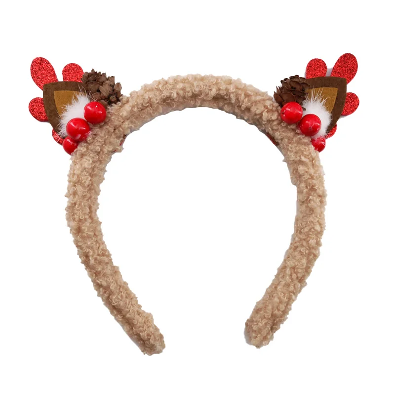 1 pc Christmas Headband Plush Reindeer Antler Red Green Soft Faux Fur Cute Festive Hair Hoop for Girls Kids Fall Winter