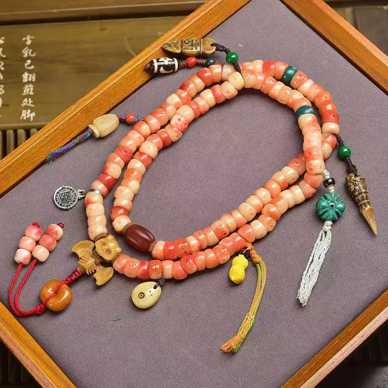 نصف نحت الدم الأمعاء الغليظة 108 حبات العقيق الأحمر المغذية الياك العظام الملحقات