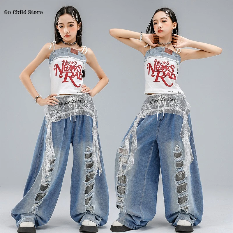 Mädchen Hip Hop Crop Tank Top Zerrissene Jeans Kinder K-pop Cami Top Denim Hosen Street Dance Kleidung Sets Kinder mädchen Gruppe Kostüme