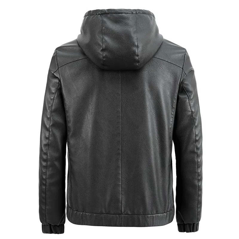 Men's Jacket PU Leather Hooded Drawstring Slim Fit Motorcycle Casual Jacket