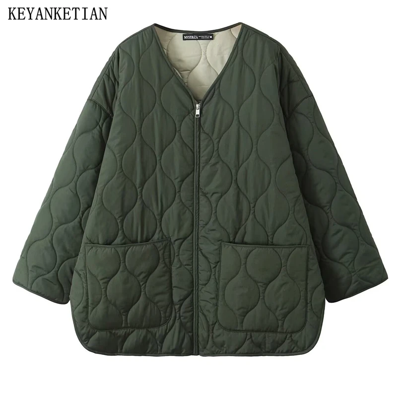 KEYANKETIAN 2024 Autumn/Winter New Women's Dark Green Wave Quilted Outwear Jacket Unisex style Oversize Buttons Greatcoat Top