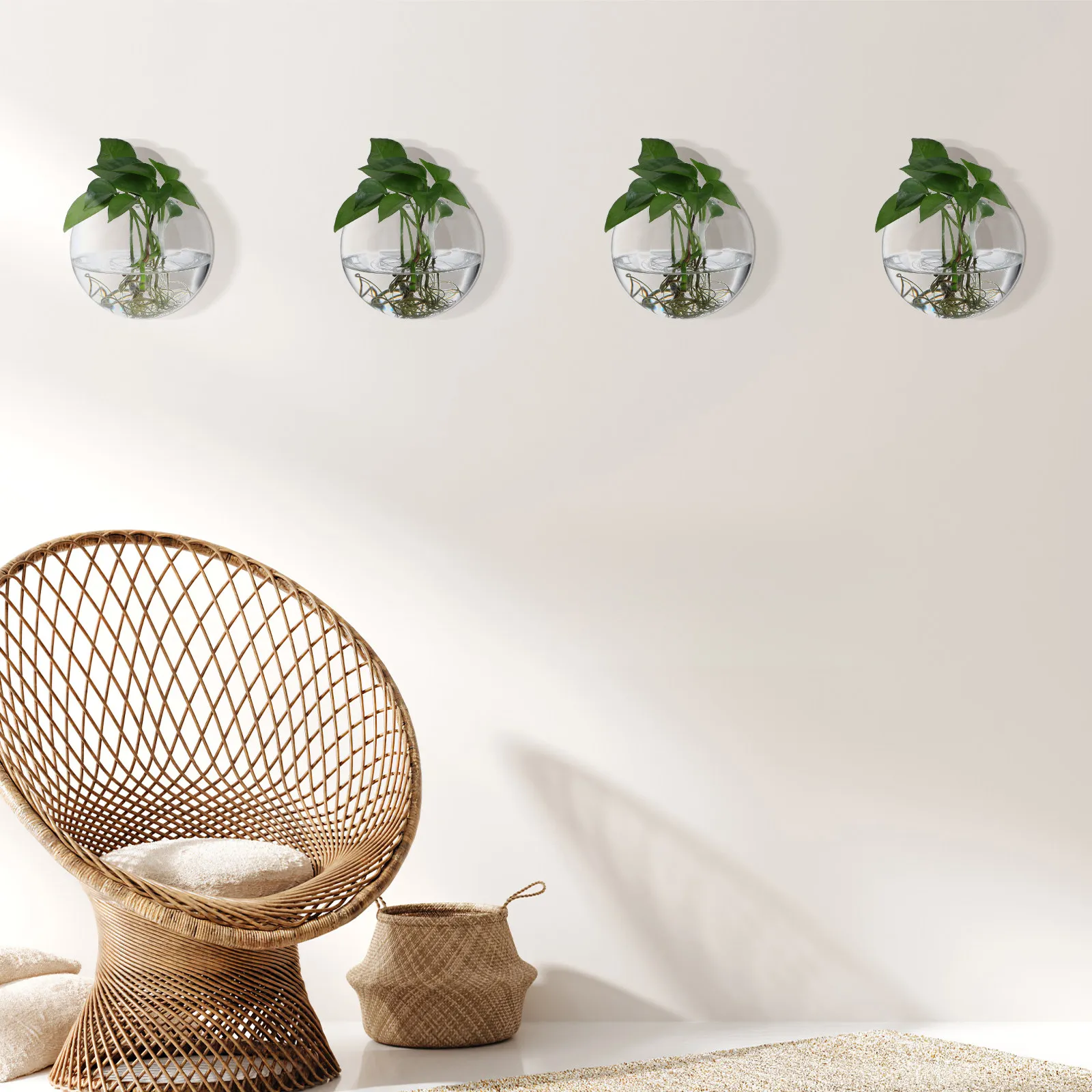 4Pcs Wall Mounted Glass Planters Transparent Round Globe Propagation Station for Hydroponic Plants Wall Decor Space Saving Home
