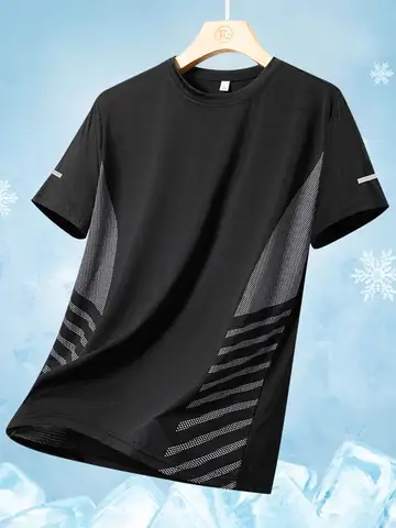 Running T-shirt Men Summer Ice Silk Thin Top Reflective Printing Quick Dry Short Sleeve Breathable Fitness Sports T-shirt 5XL