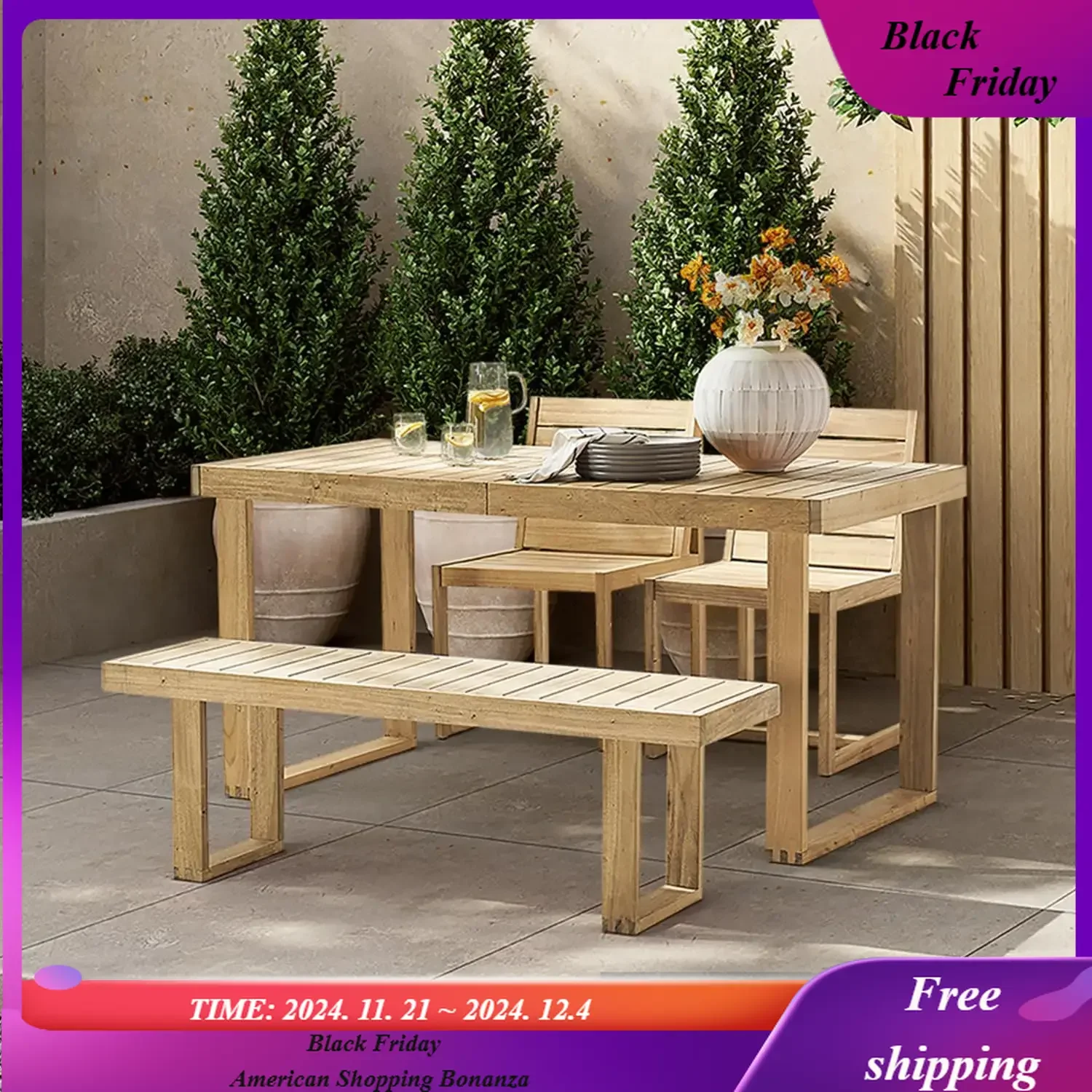 Bruno Outdoor Dining Set, Solid Acacia Wood Patio Table & Chairs Set for Indoor Outdoor Dining