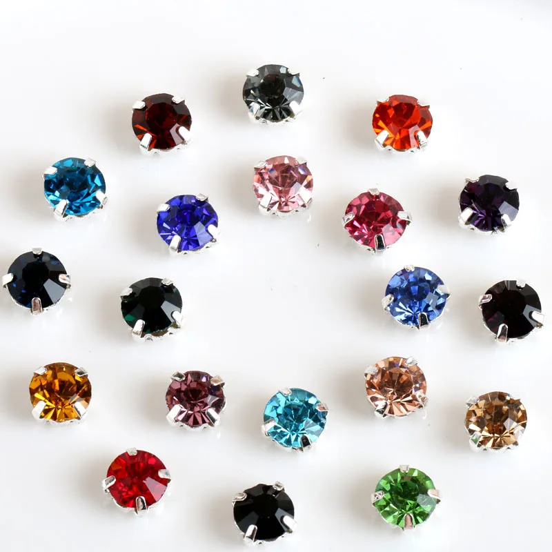 TopStone Colors Round Sew on Crystal Rhinestone Glass Chatons With Silver Claw Setting Sizes 3/4/5/6/7/8/10mm for Dress Making