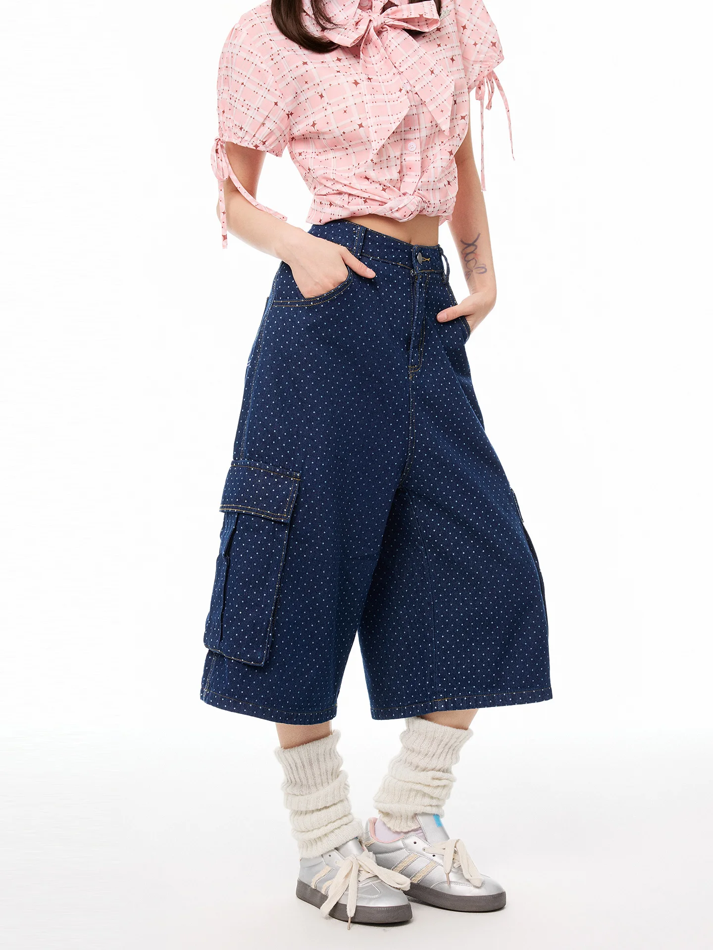 PBB Korean Style Casual Polka Dot Multi Pocket Wide Leg Pants Women High Waist Slimming Washed Y2K Lazy Summer Seven-Foot Pants