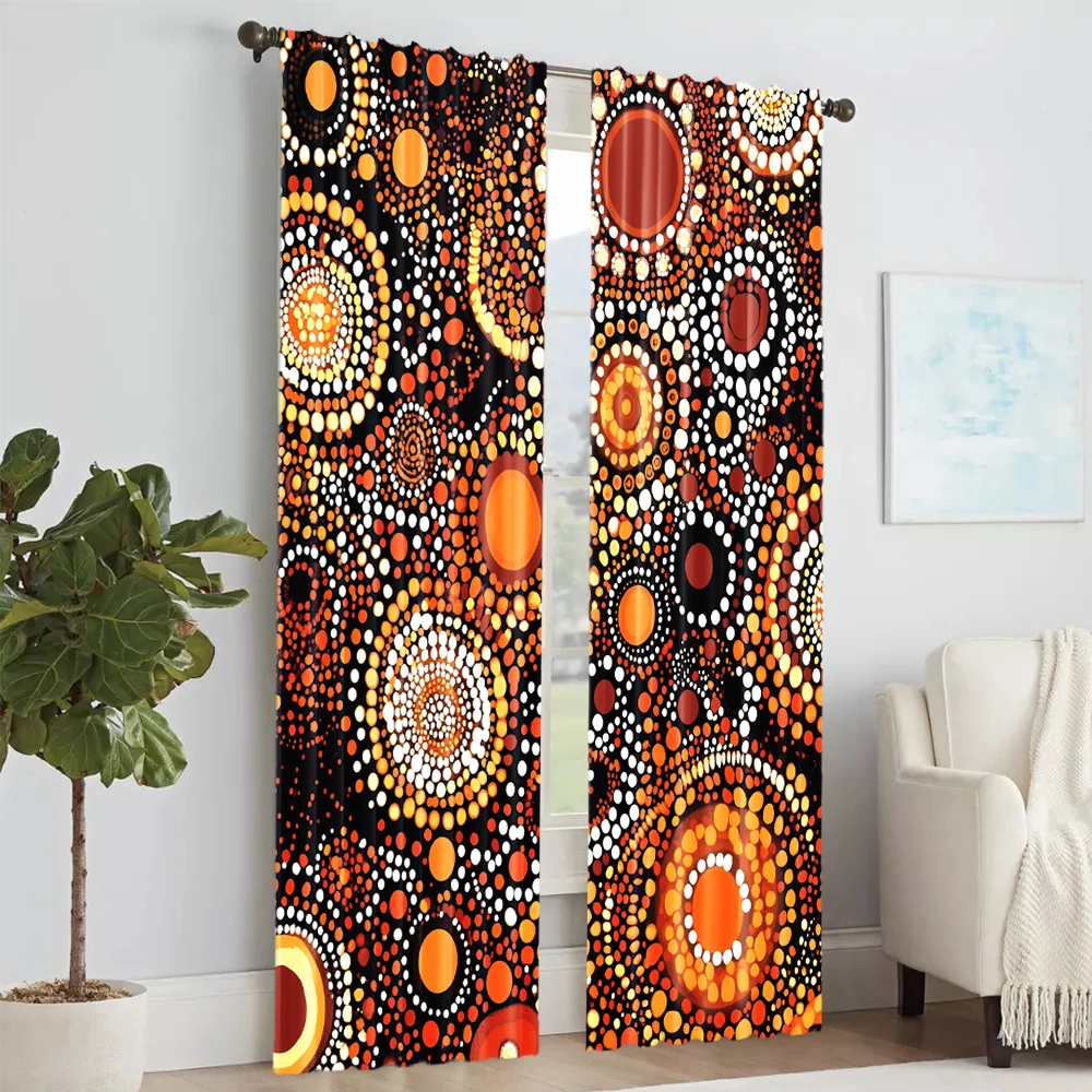 2Pcs Bohemian Aboriginal Circle Pattern Window Curtains Rod Pocket Polyester Material Drapes For Bedroom Living Room Office