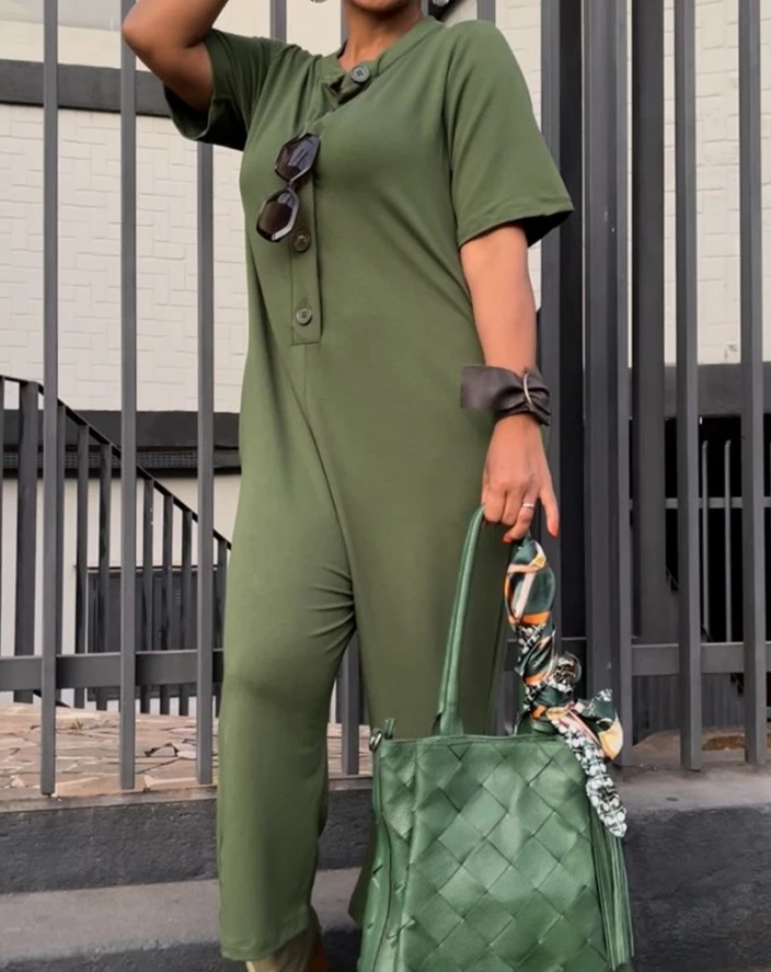 Harajuku Overalls für Frauen Retro einfarbige Baumwolle Leinen Kurzarm geknöpft Tasche Design Damen weites Bein Workwear Overall