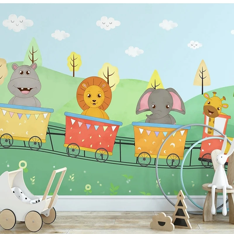 

Photo Wallpaper for Kids Baby Room Cartoon Train Animals Lion Forest Painting Custom Size Non-woven 3D Embossed Wall Mural