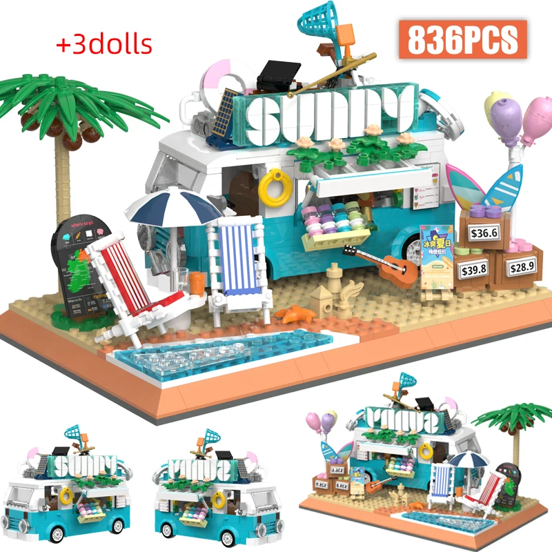 

836pcs Mini City Street View Summer Beach Camping Car Building Blocks Ice Cream Truck Vehicle Figures Bricks Toys For Kids Gifts