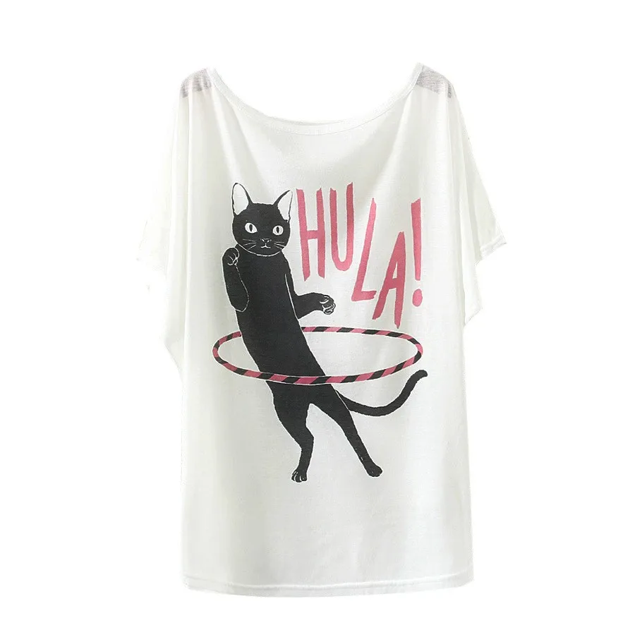 Summer Tops Female Y2k Clothes New Hula Hoop Black Cat Print Oversize Bat Short Sleeve Loose Young T-shirt Woman Clothing Korean