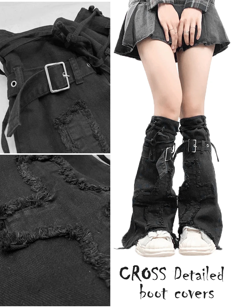 2023 Original Goth Cross Women's Gaiter Black Leg Warmers Bandage Belts Lolita Girl Denim Cuffs Boots Cover Knee-socks Long