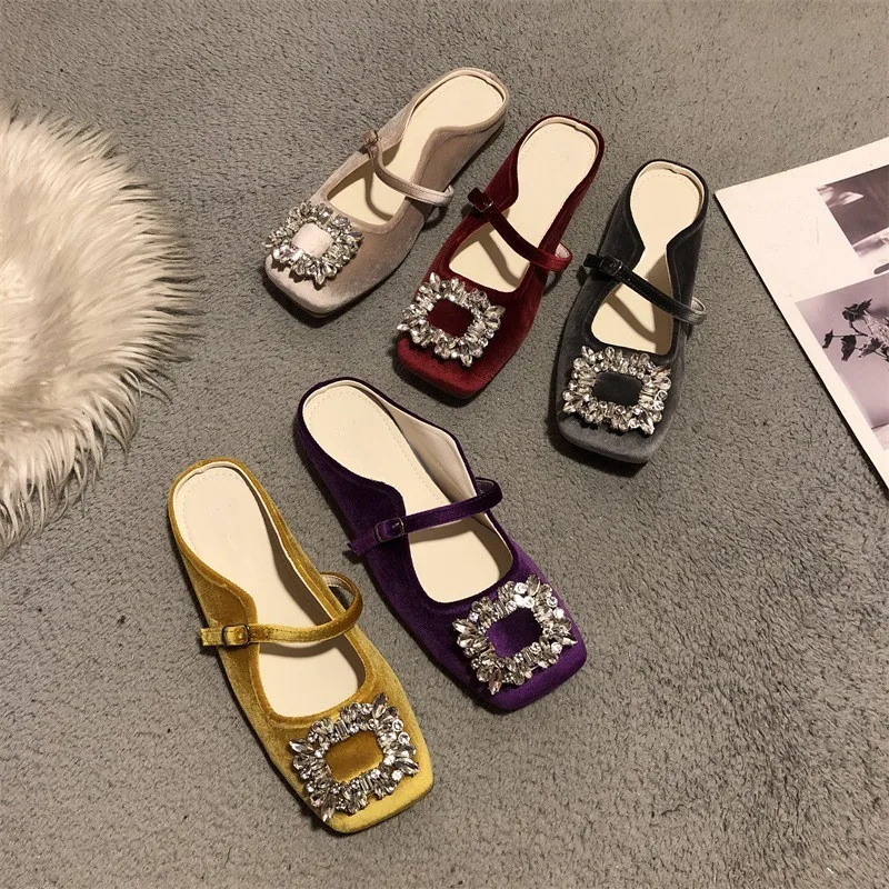 

Дизайнерские женские тапочки Muels с кристаллами, модные туфли без шнуровки с неглубоким квадратным носком, женские летние элегантные платья, шлепанцы на плоском каблуке ﻿