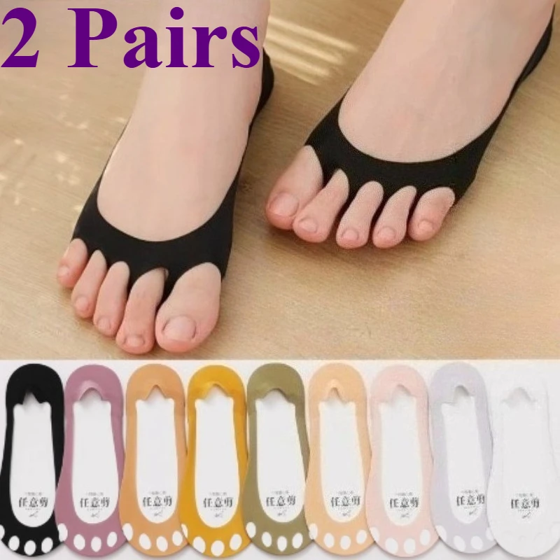 

2 Pairs Women's Summer Sweat Absorbing Cotton Toe Less Socks Silicone Grip Design No-show Sock Tabi Toe Sock Ice Silk Boat Socks