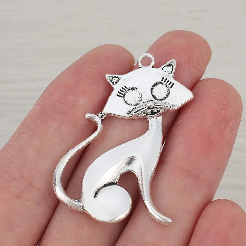 8 x Antique Silver Color Large Animal Cat Charms Pendants Beads for DIY Jewelry Making Findings Accessories 46x31mm