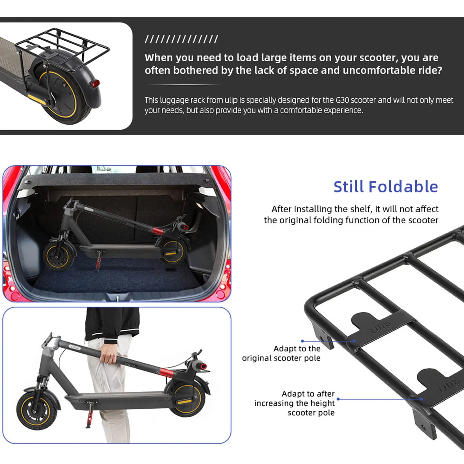 Ulip Folded Rear Rack For Segway Ninebot Max G30 G30LP G30E G30D Electric Scooters Accessories Thicken Steel Storage Shelf Parts